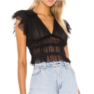 Free People Making Me Smile Top Black Sheer Mesh Short Sleeve Ruffle